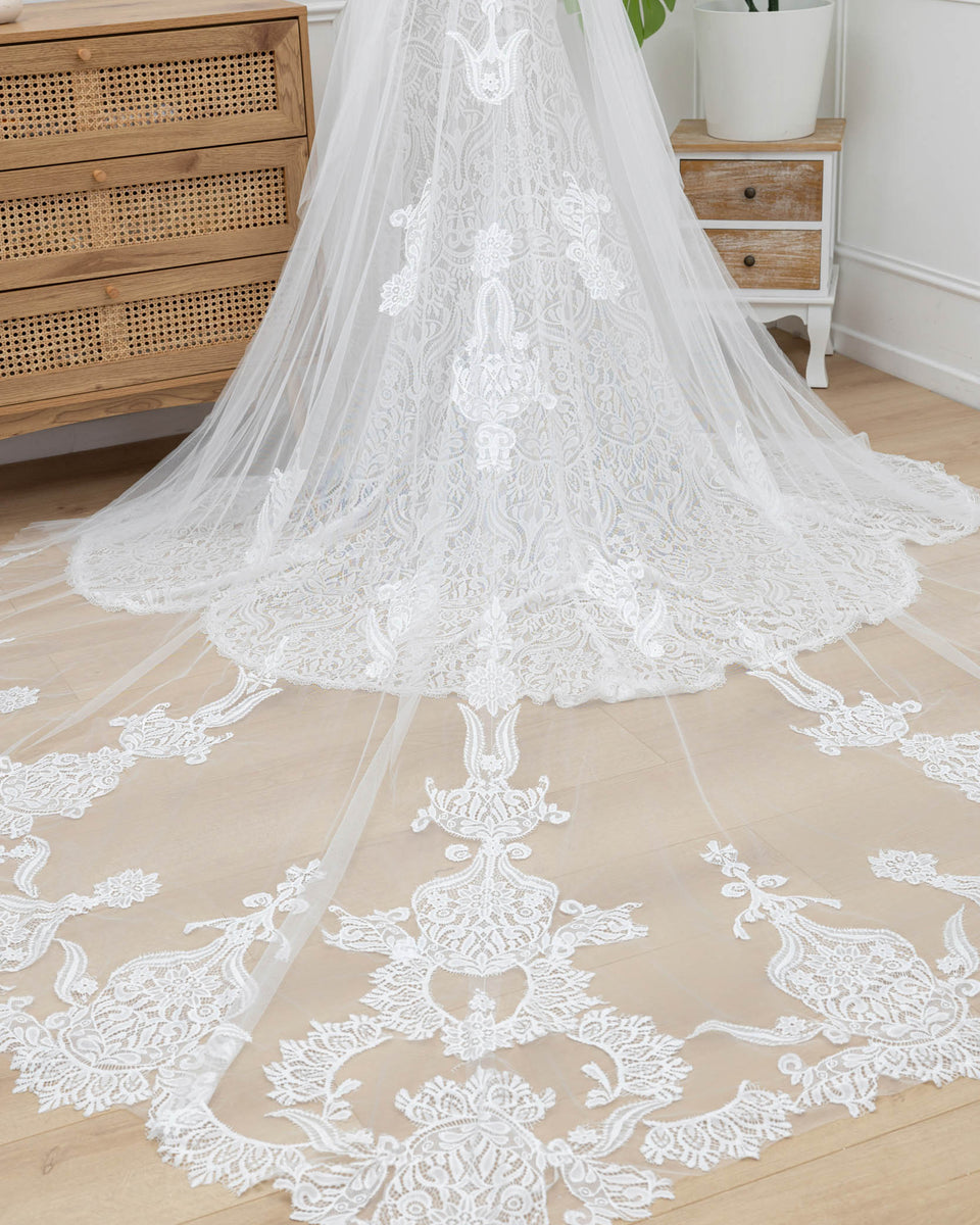 Robe 2 en 1 de mariée sirène en dentelle moderne ceinturée à la taille avec double traîne en tulle