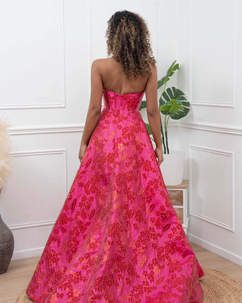 Robe fleuris 3D, longue avec bustier et fente élégante