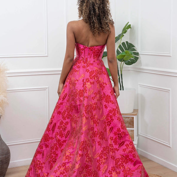 Robe fleuris 3D, longue avec bustier et fente élégante