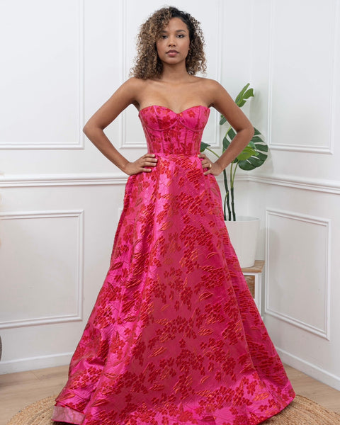 Robe fleuris 3D, longue avec bustier et fente élégante