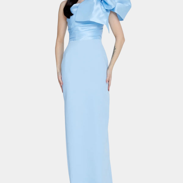 Robe en crêpe manche maxi bouffante bleu