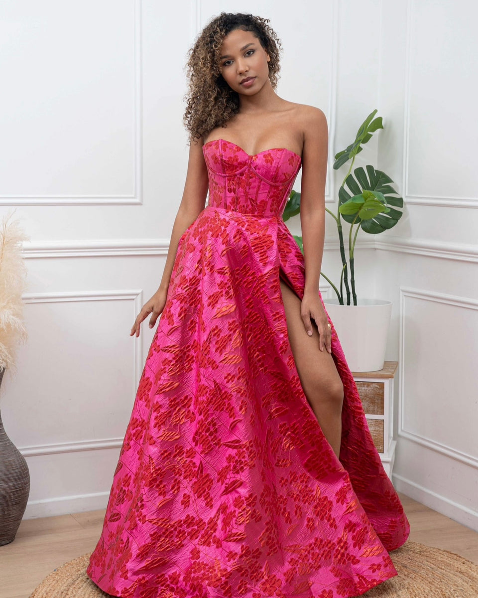 Robe fleuris 3D, longue avec bustier et fente élégante