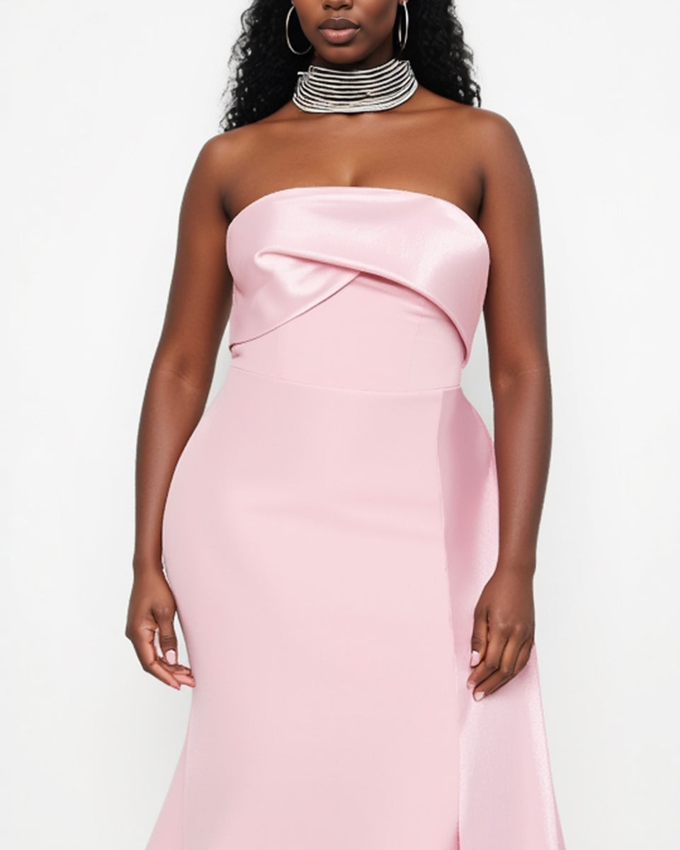Robe prestigieuse sirène longue, bustier, rose poudré, en crêpe