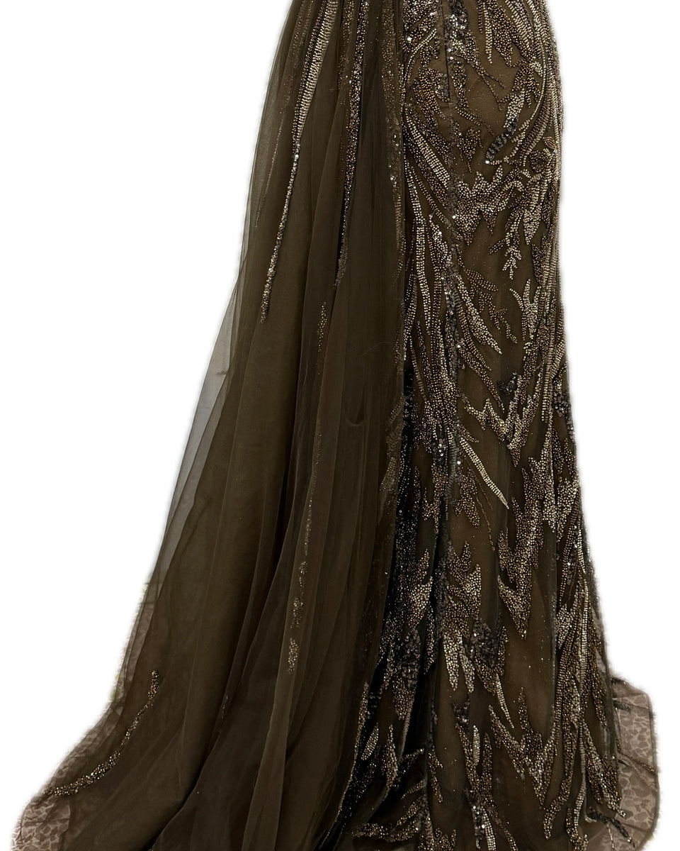 Robe de soirée prestige, bustier orné maxi