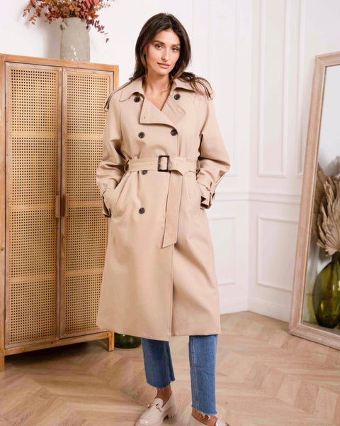 Long solid color trench coat with belt