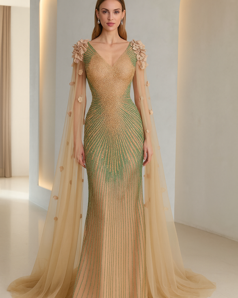 Robe de soirée majestueuse , fleurs 3D , couleurs or et vert