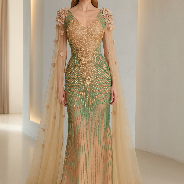 Robe de soirée majestueuse , fleurs 3D , couleurs or et vert
