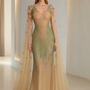Robe de soirée majestueuse , fleurs 3D , couleurs or et vert