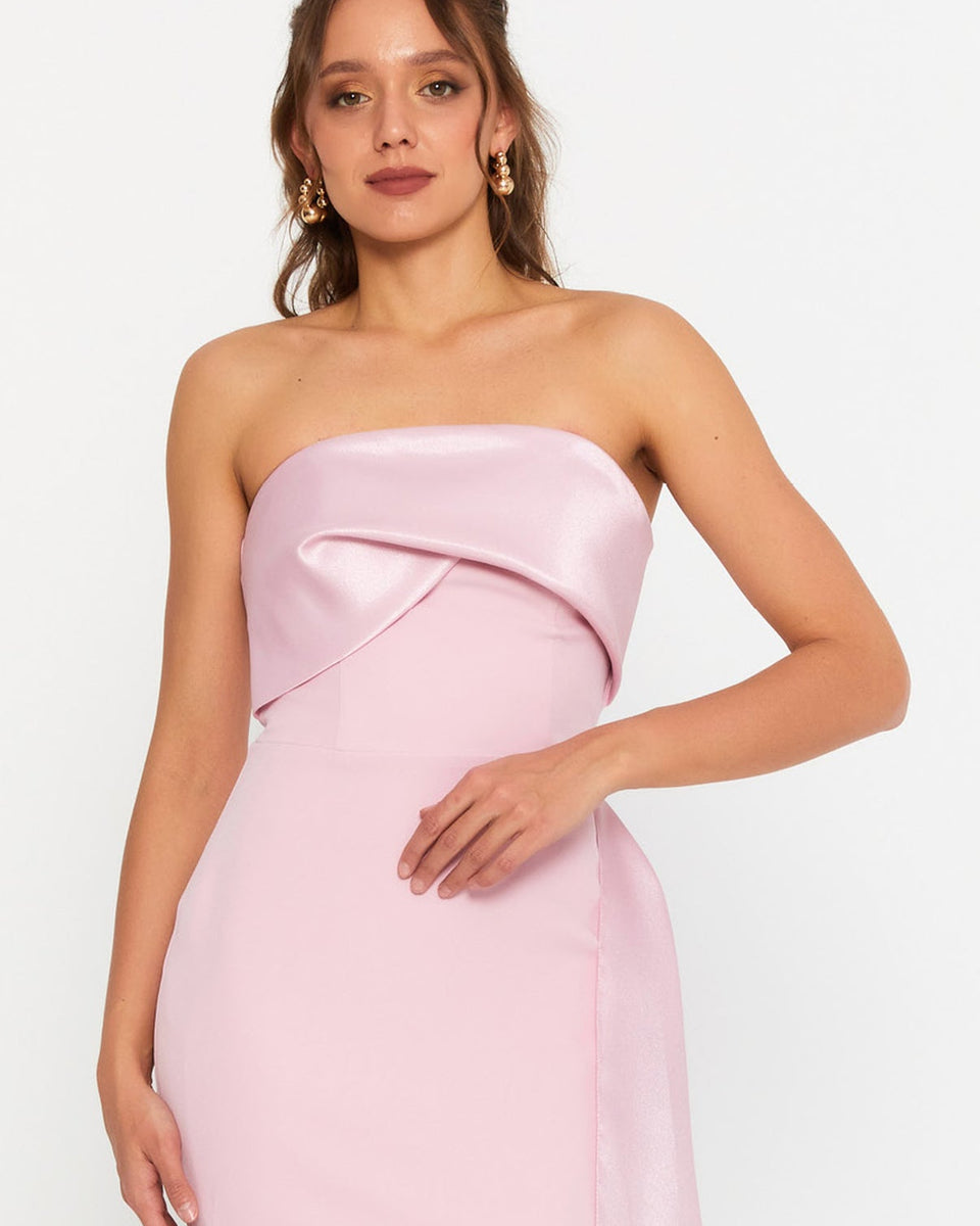 Robe prestigieuse sirène longue, bustier, rose poudré, en crêpe