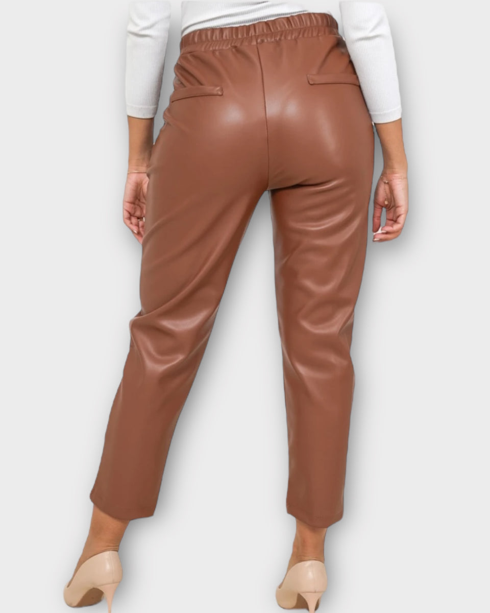 Pantalon droit simili cuir marron