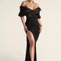 Robe longue noire bandage à épaules tombantes drapé et fente