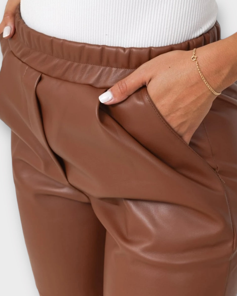 Pantalon droit simili cuir marron