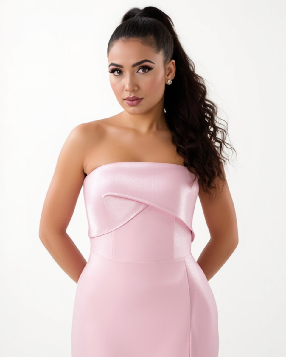 Robe prestigieuse sirène longue, bustier, rose poudré, en crêpe