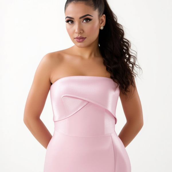 Robe prestigieuse sirène longue, bustier, rose poudré, en crêpe