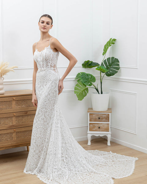 Robe 2 en 1 de mariée sirène en dentelle moderne ceinturée à la taille avec double traîne en tulle