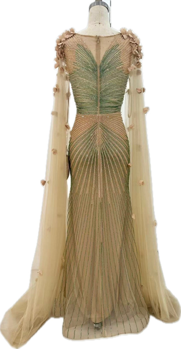 Robe de soirée majestueuse , fleurs 3D , couleurs or et vert