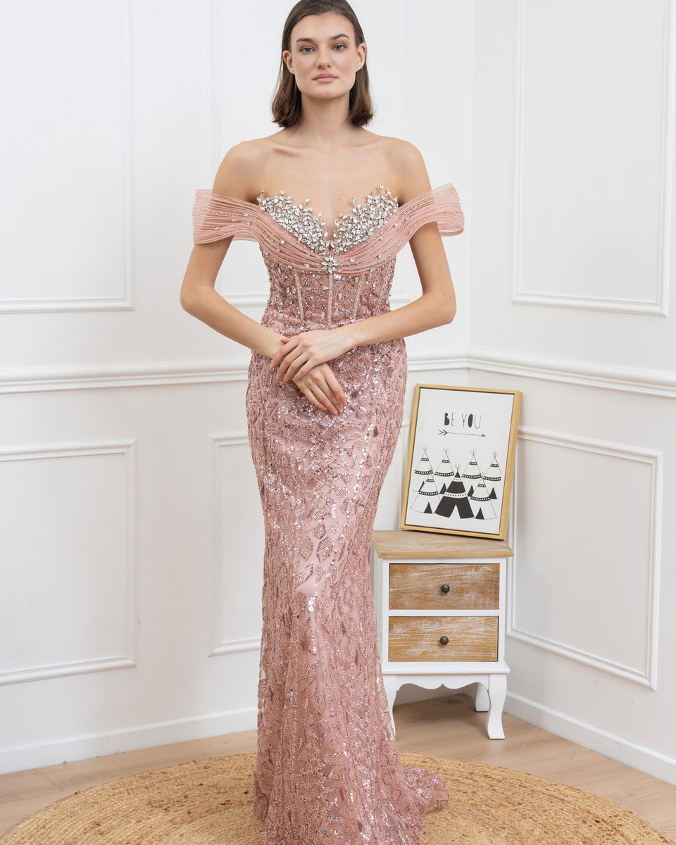 Robe longue sirène épaules dénudées avec broderies et strass scintillants