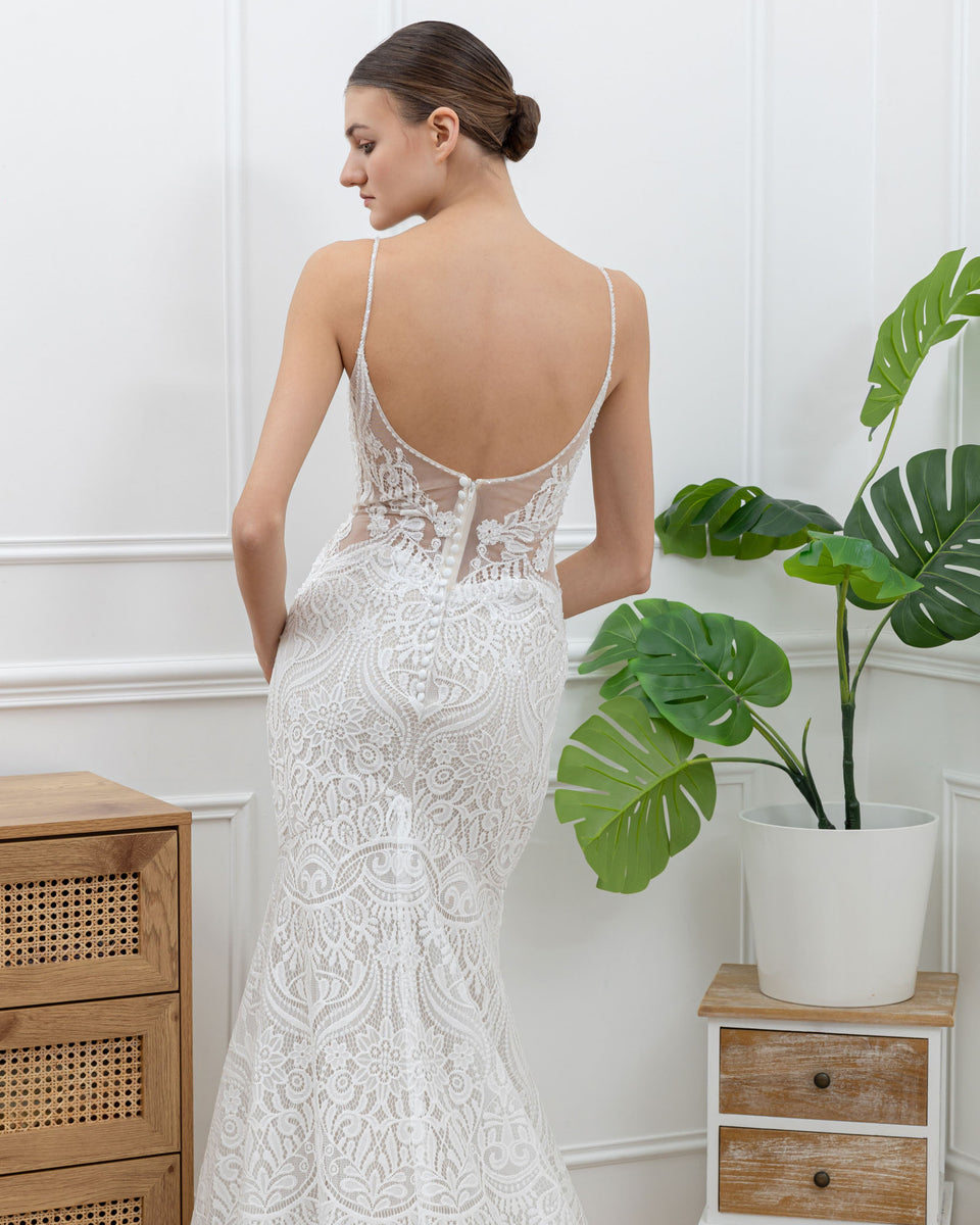 Robe 2 en 1 de mariée sirène en dentelle moderne ceinturée à la taille avec double traîne en tulle