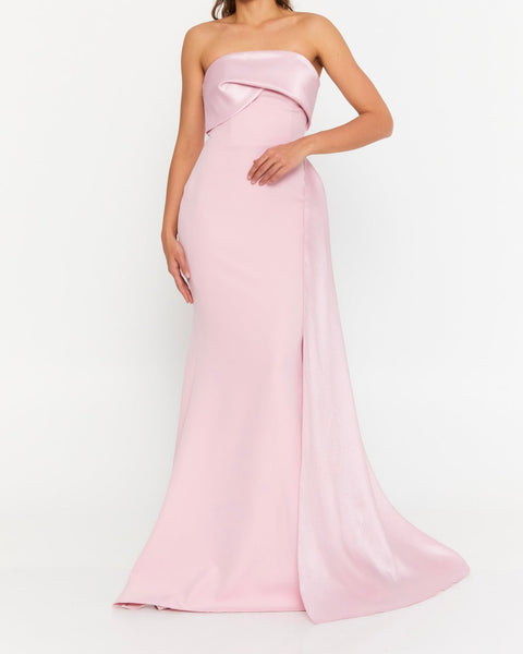 Robe prestigieuse sirène longue, bustier, rose poudré, en crêpe