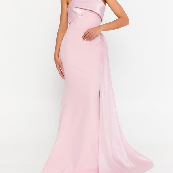 Robe prestigieuse sirène longue, bustier, rose poudré, en crêpe