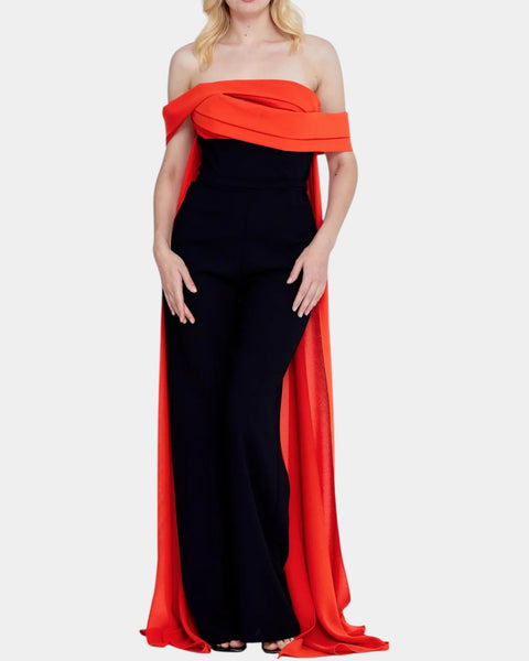 Black-orange long cape pantsuit