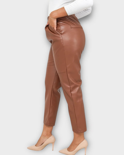 Pantalon droit simili cuir marron