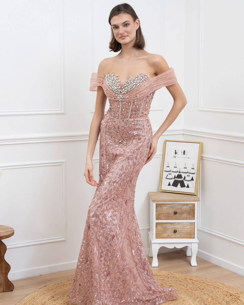 Robe longue sirène épaules dénudées avec broderies et strass scintillants