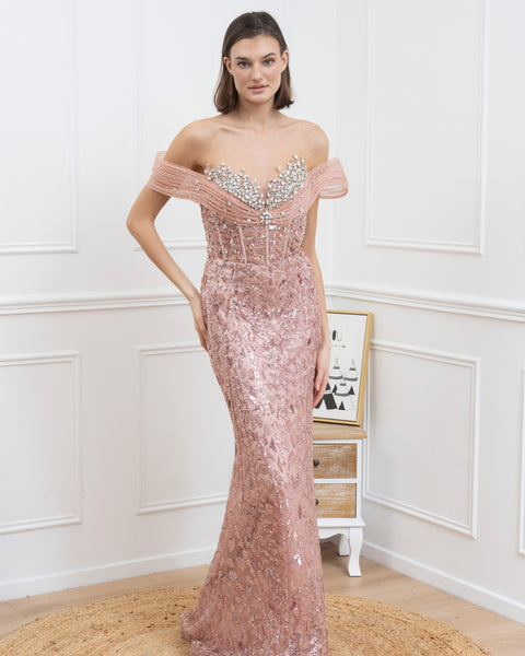 Robe longue sirène épaules dénudées avec broderies et strass scintillants