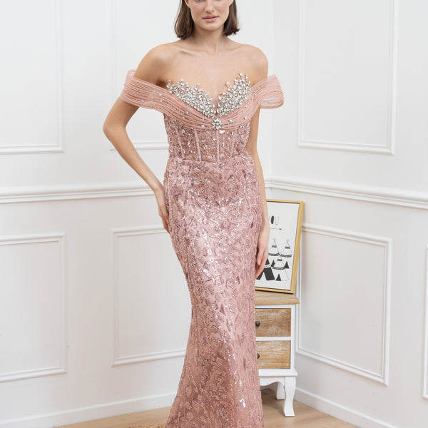 Robe longue sirène épaules dénudées avec broderies et strass scintillants