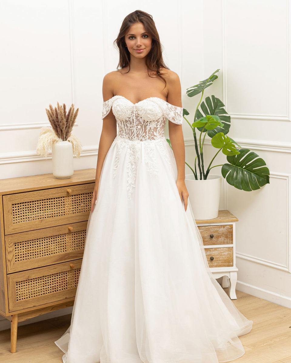 Robe de mariée bustier épaules tombantes en dentelle élégante et tulle