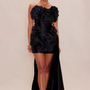 Robe courte bustier , fleurs 3D, drapé à traîne