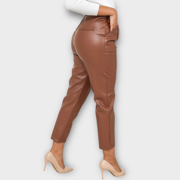 Pantalon droit simili cuir marron