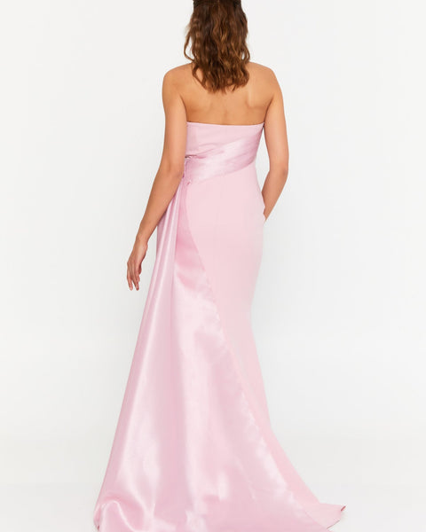 Robe prestigieuse sirène longue, bustier, rose poudré, en crêpe