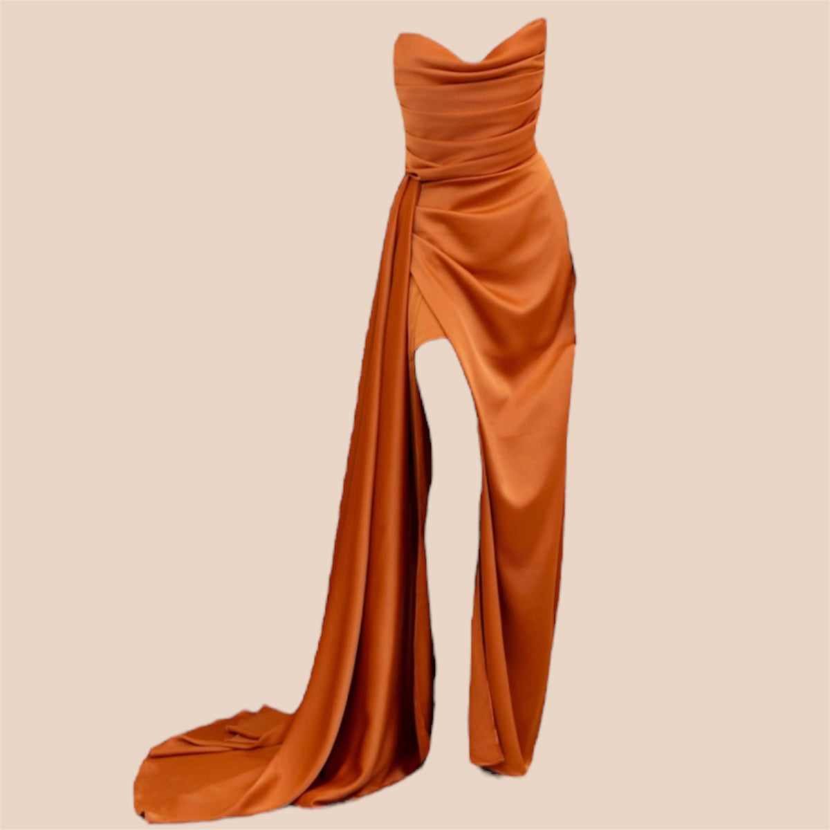 Robe majestueuse orange bustier en satin