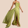 Robe majestueuse vert olive bustier en satin